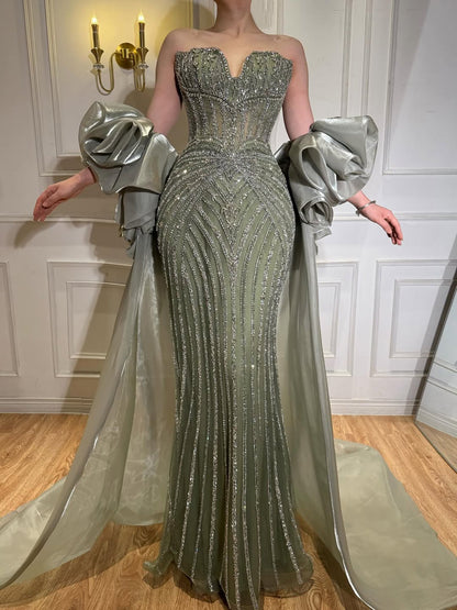 Luxury Light Blue Diamond Evening Dress With Ruffle Cape LA73141