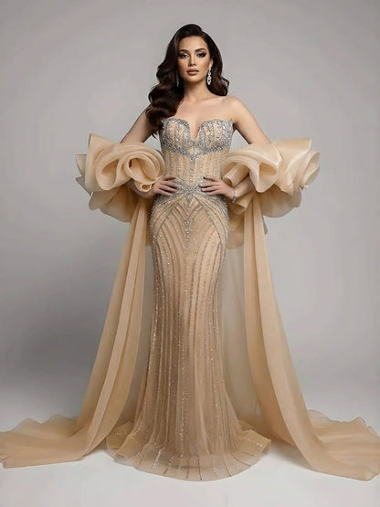 Luxury Light Blue Diamond Evening Dress With Ruffle Cape LA73141