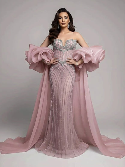 Luxury Light Blue Diamond Evening Dress With Ruffle Cape LA73141