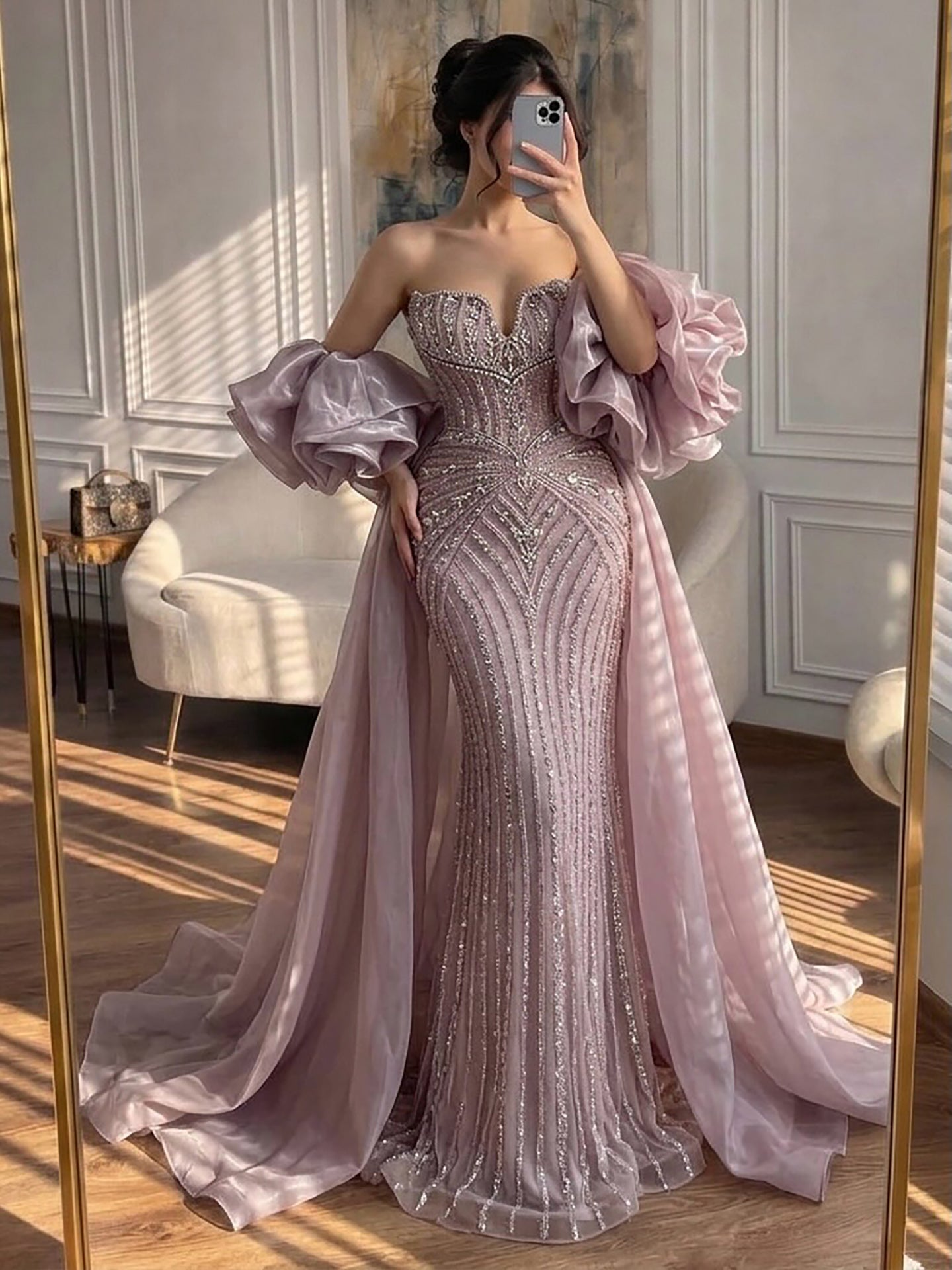 Luxury Light Blue Diamond Evening Dress With Ruffle Cape LA73141