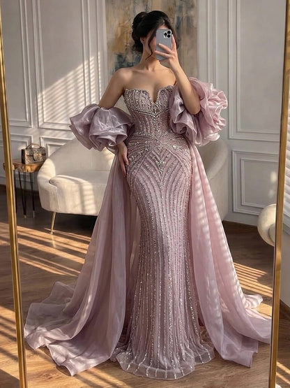 Luxury Light Blue Diamond Evening Dress With Ruffle Cape LA73141