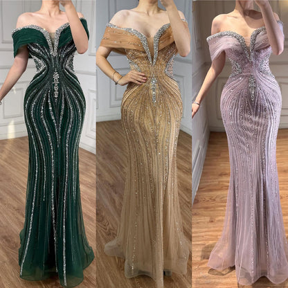 Luxury Saudi Arabic Gold Luxury Crystal Beaded Mermaid Evening Dress LA73142A