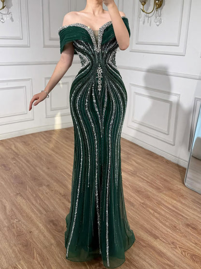 Luxury Saudi Arabic Gold Luxury Crystal Beaded Mermaid Evening Dress LA73142A