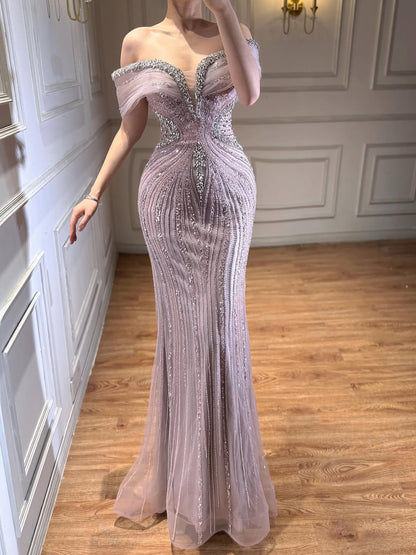 Luxury Saudi Arabic Gold Luxury Crystal Beaded Mermaid Evening Dress LA73142A