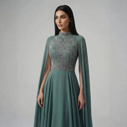 Luxury Nude Chiffon Beaded Evening Dress with Cape LA73144