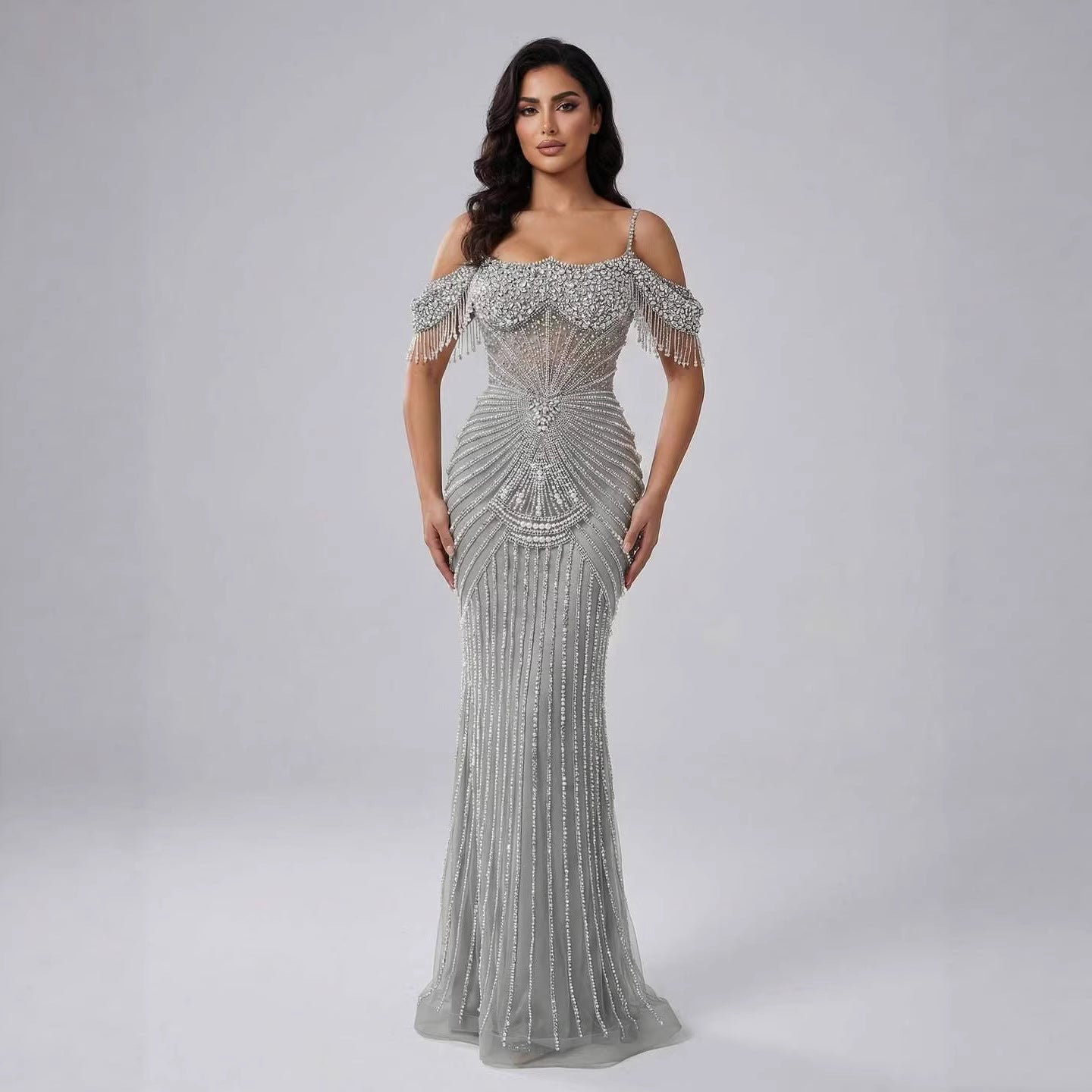 Luxury Sage Green Pearls Beaded Mermaid Evening Dress Off Shoulder LA73148