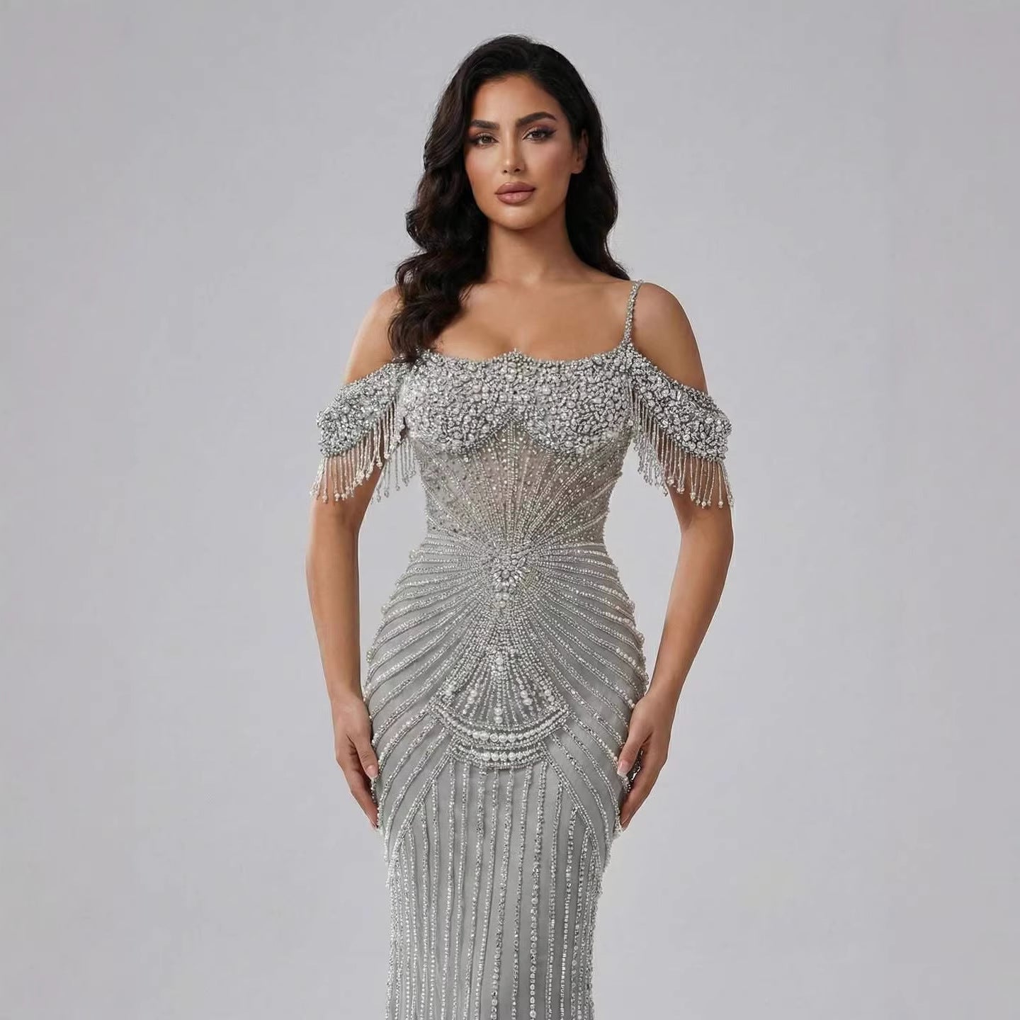 Luxury Sage Green Pearls Beaded Mermaid Evening Dress Off Shoulder LA73148