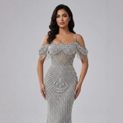Luxury Sage Green Pearls Beaded Mermaid Evening Dress Off Shoulder LA73148