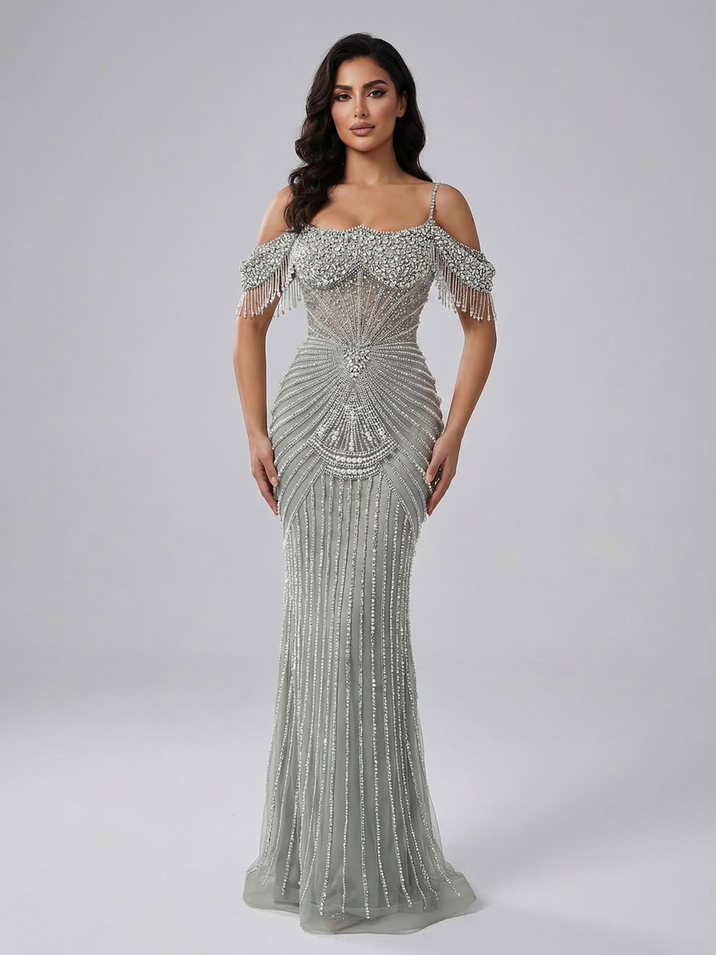 Luxury Sage Green Pearls Beaded Mermaid Evening Dress Off Shoulder LA73148