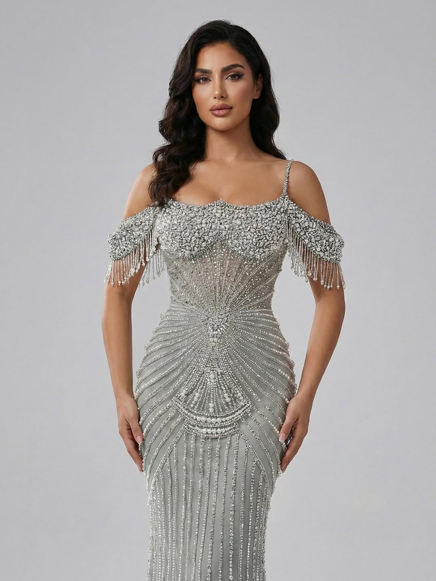Luxury Sage Green Pearls Beaded Mermaid Evening Dress Off Shoulder LA73148