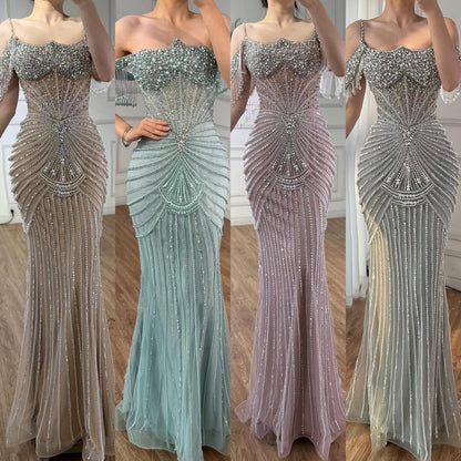 Luxury Sage Green Pearls Beaded Mermaid Evening Dress Off Shoulder LA73148