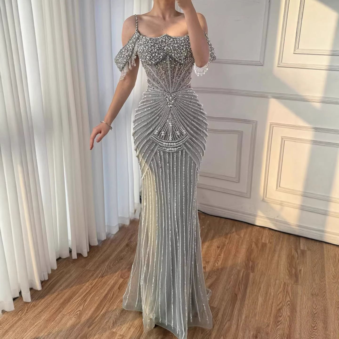 Luxury Sage Green Pearls Beaded Mermaid Evening Dress Off Shoulder LA73148