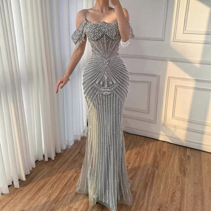 Luxury Sage Green Pearls Beaded Mermaid Evening Dress Off Shoulder LA73148