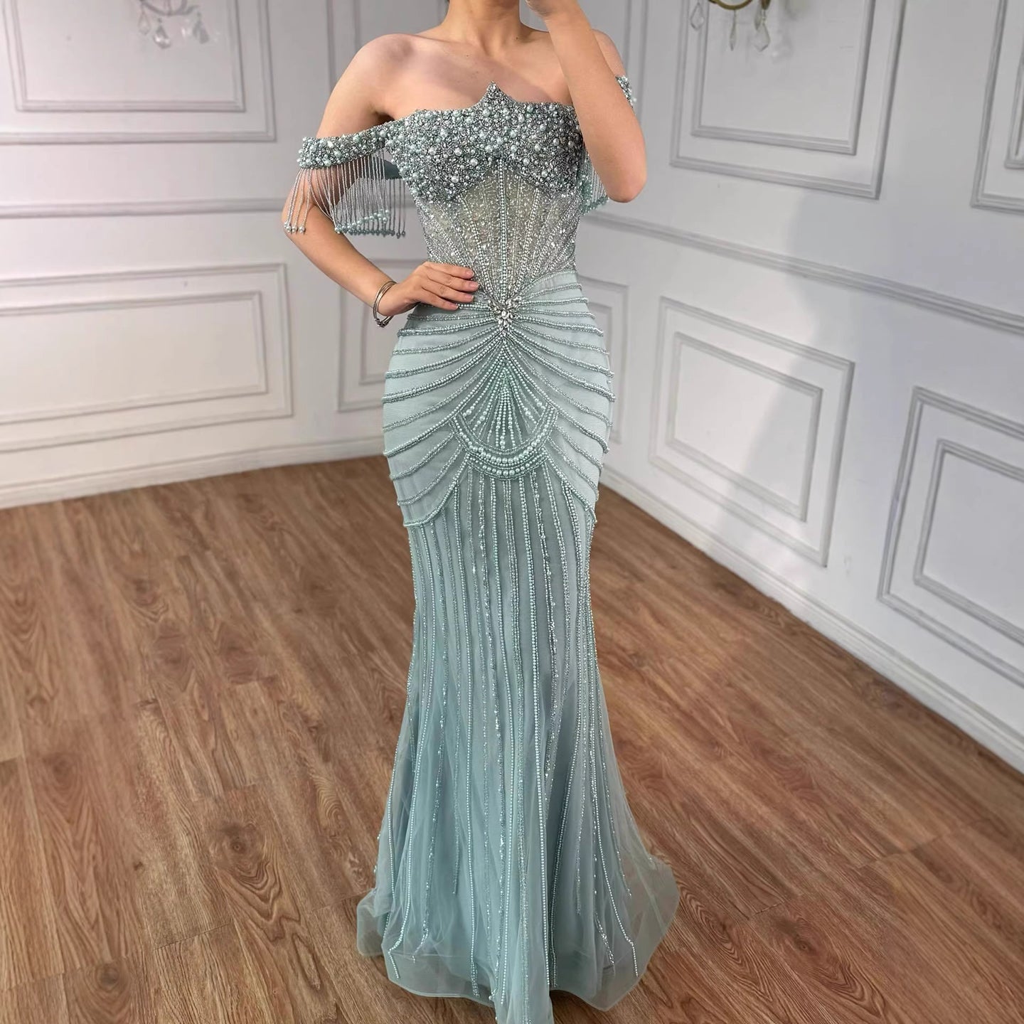 Luxury Sage Green Pearls Beaded Mermaid Evening Dress Off Shoulder LA73148