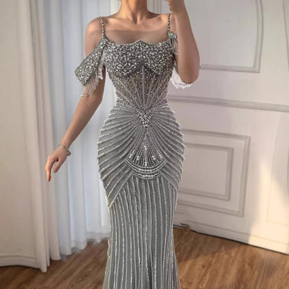 Luxury Sage Green Pearls Beaded Mermaid Evening Dress Off Shoulder LA73148
