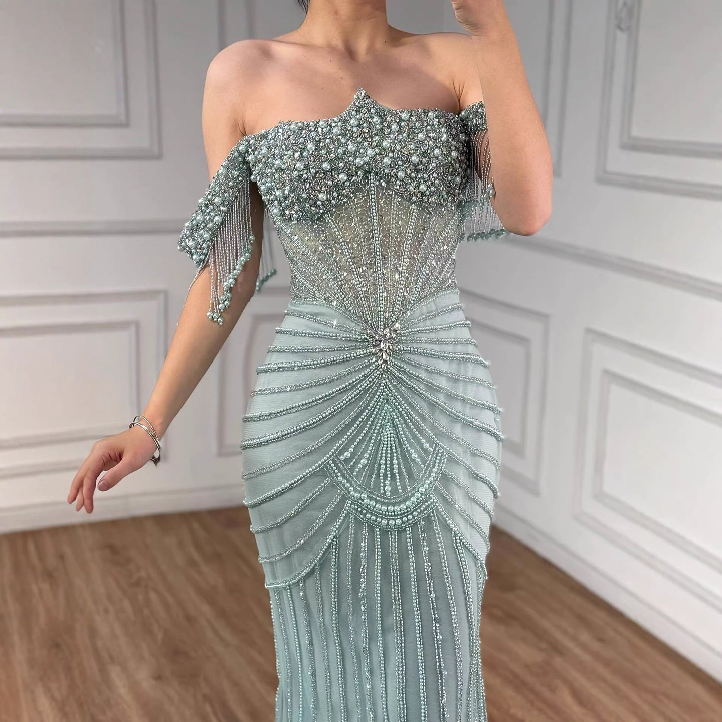 Luxury Sage Green Pearls Beaded Mermaid Evening Dress Off Shoulder LA73148