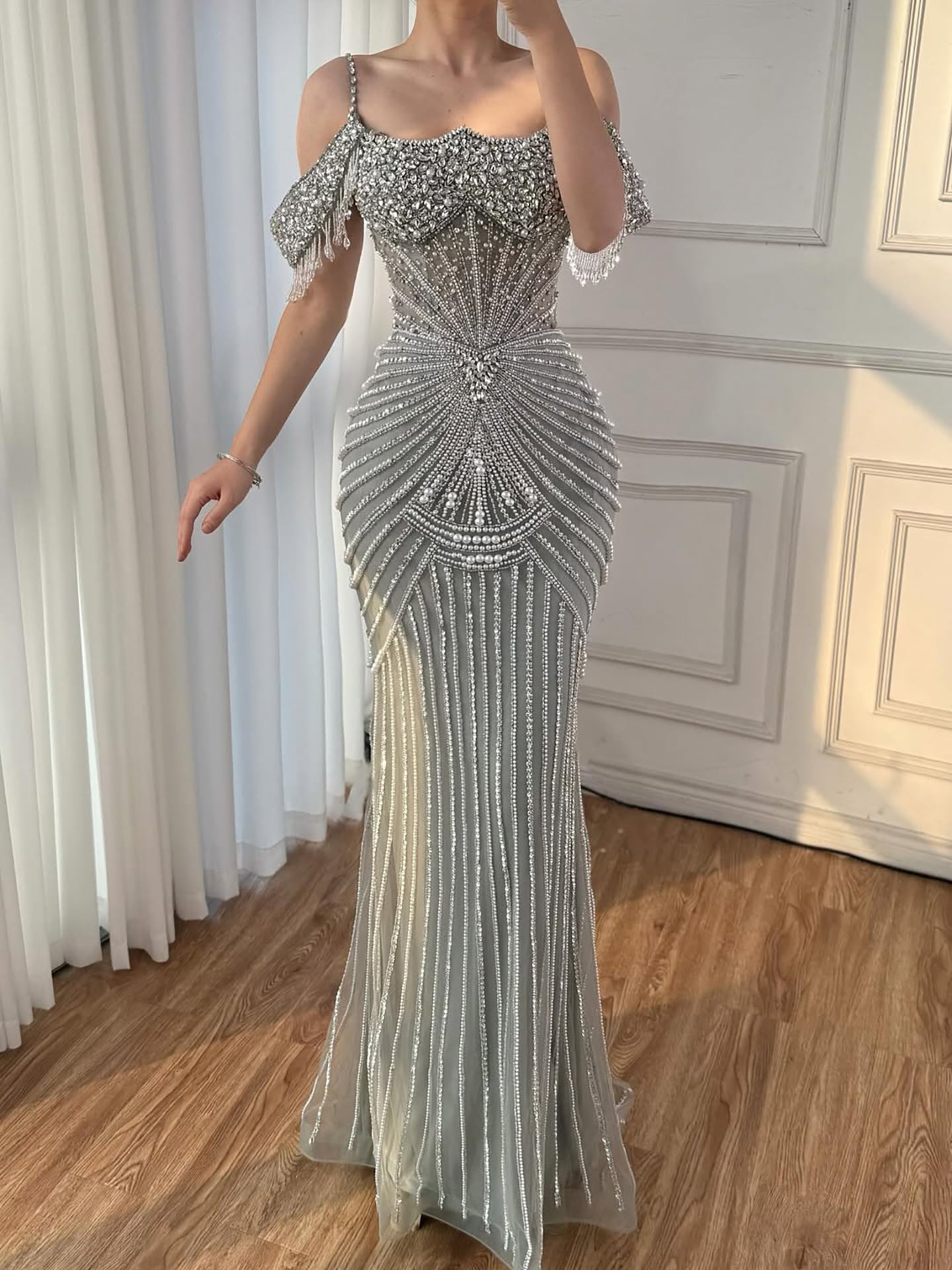 Luxury Sage Green Pearls Beaded Mermaid Evening Dress Off Shoulder LA73148