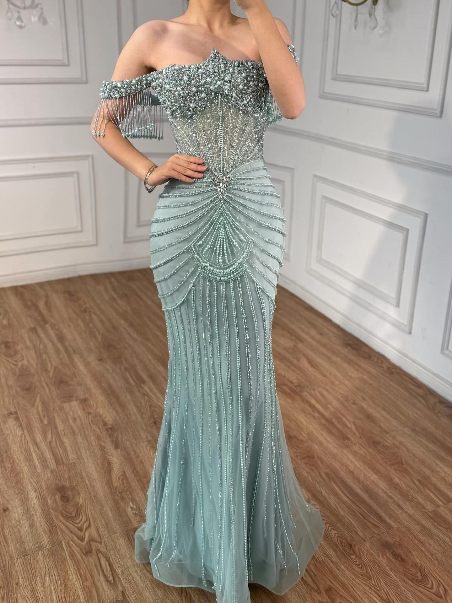 Luxury Sage Green Pearls Beaded Mermaid Evening Dress Off Shoulder LA73148