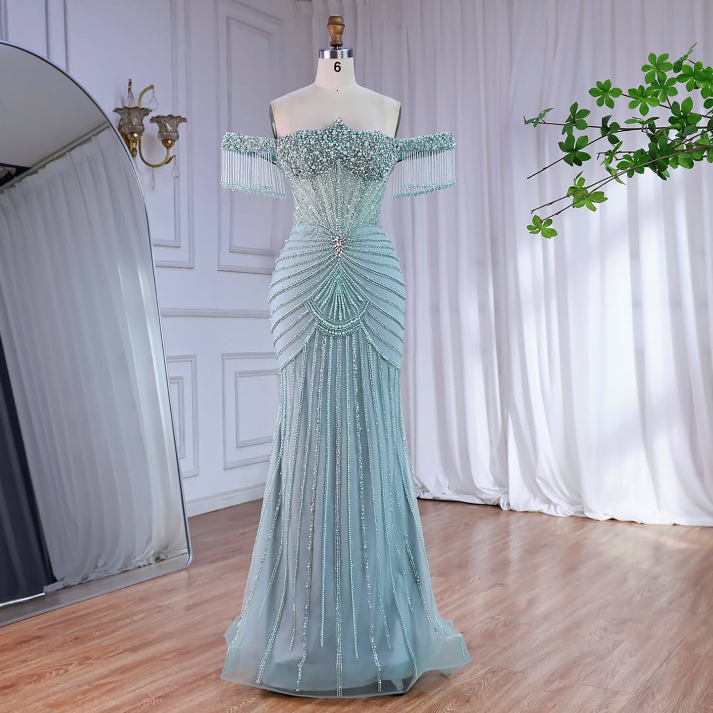 Luxury Sage Green Pearls Beaded Mermaid Evening Dress Off Shoulder LA73148
