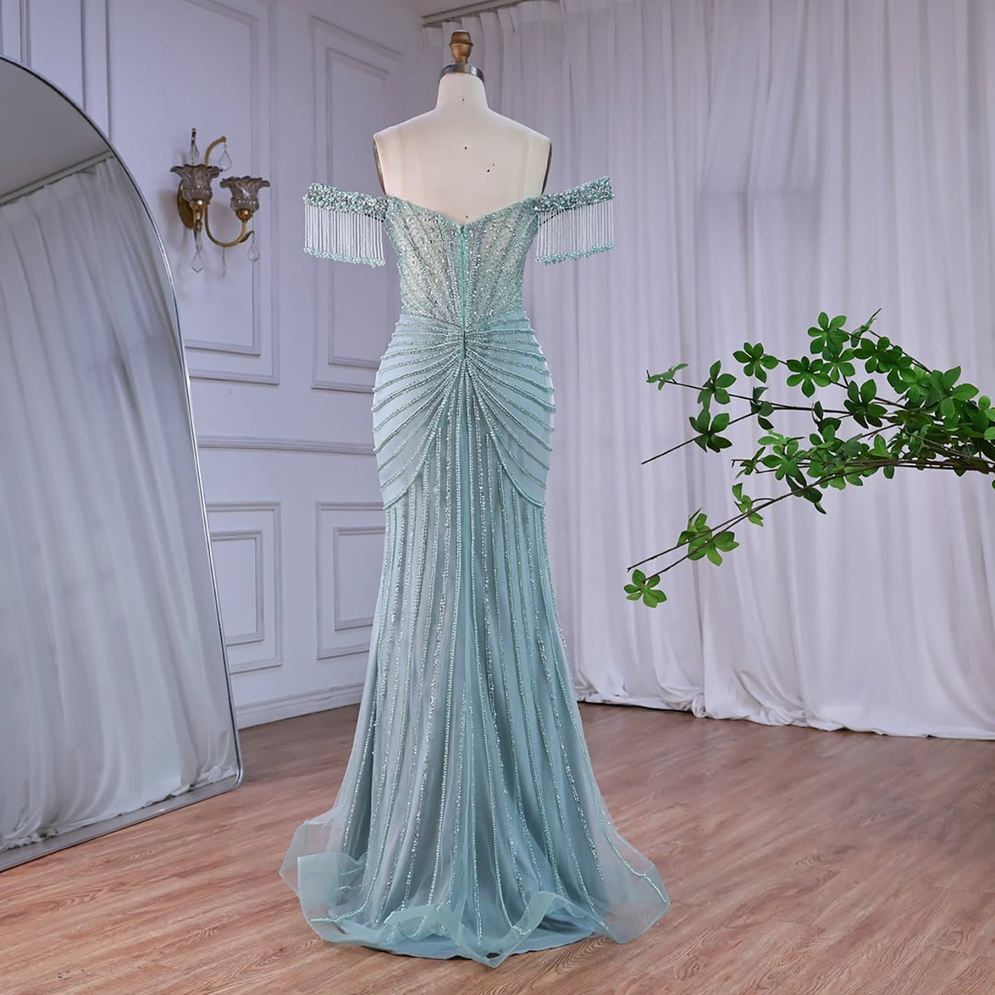 Luxury Sage Green Pearls Beaded Mermaid Evening Dress Off Shoulder LA73148