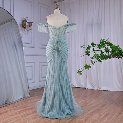 Luxury Sage Green Pearls Beaded Mermaid Evening Dress Off Shoulder LA73148