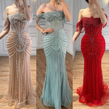 Luxury Nude Pearls Beaded Mermaid Evening Dress Off Shoulder LA73148A