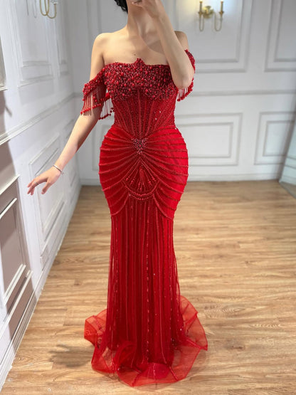Luxury Nude Pearls Beaded Mermaid Evening Dress Off Shoulder LA73148A