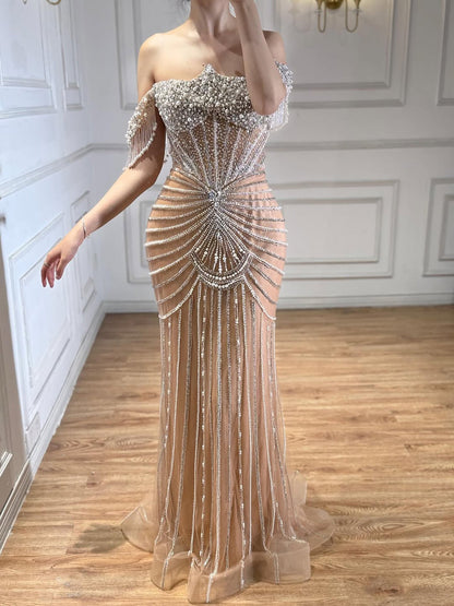 Luxury Nude Pearls Beaded Mermaid Evening Dress Off Shoulder LA73148A