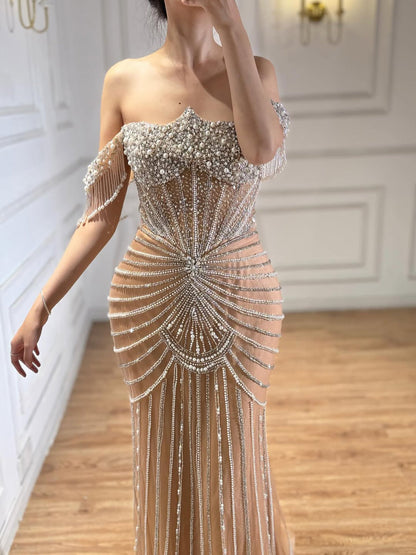 Luxury Nude Pearls Beaded Mermaid Evening Dress Off Shoulder LA73148A