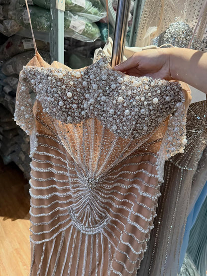 Luxury Nude Pearls Beaded Mermaid Evening Dress Off Shoulder LA73148A