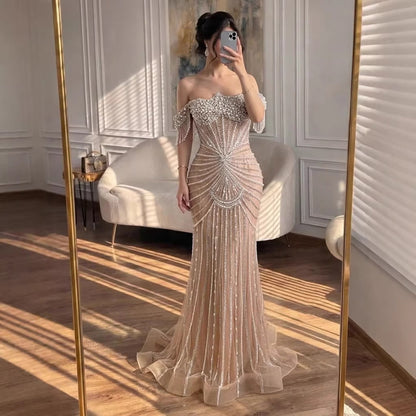 Luxury Nude Pearls Beaded Mermaid Evening Dress Off Shoulder LA73148A