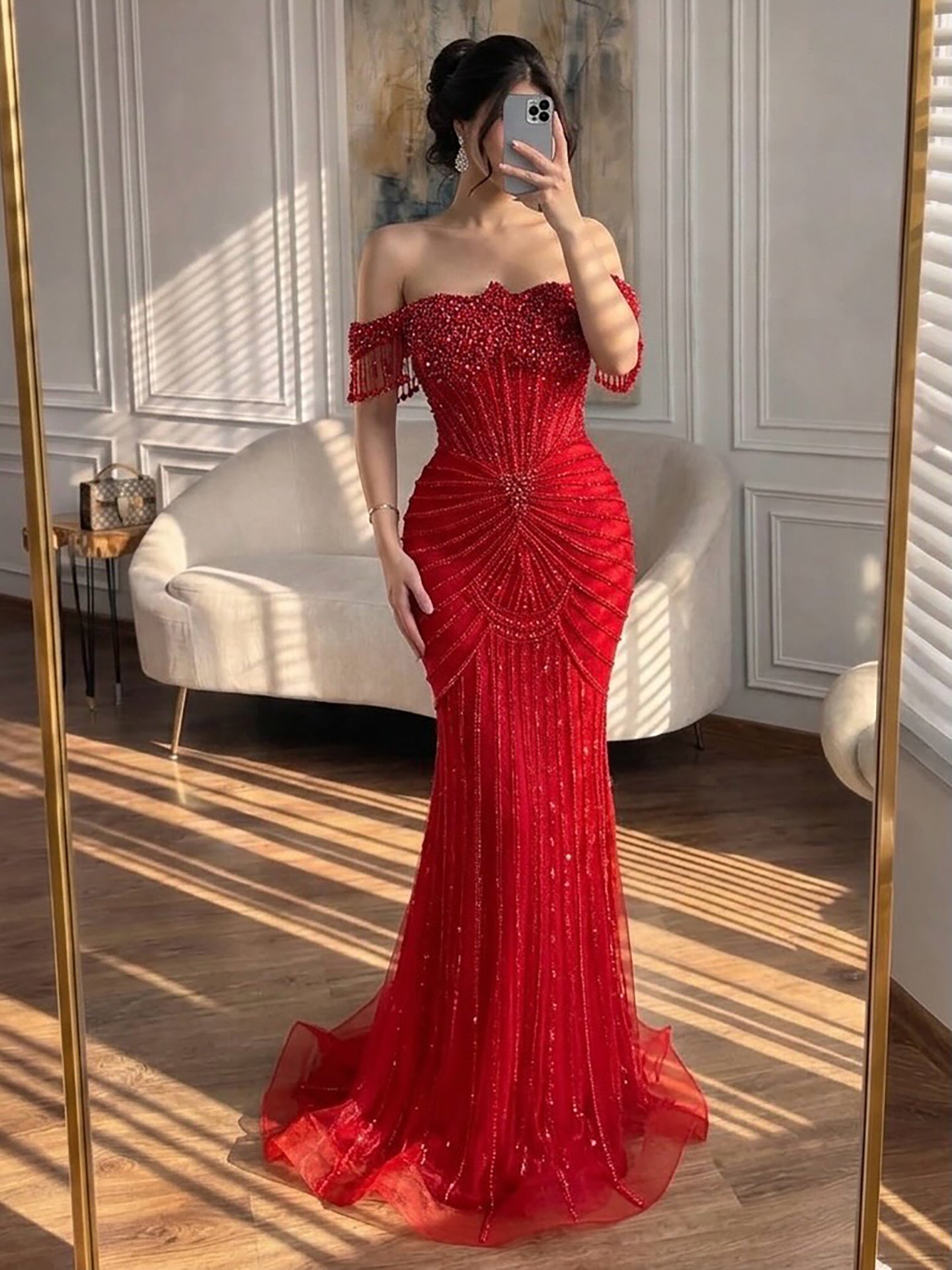 Luxury Nude Pearls Beaded Mermaid Evening Dress Off Shoulder LA73148A