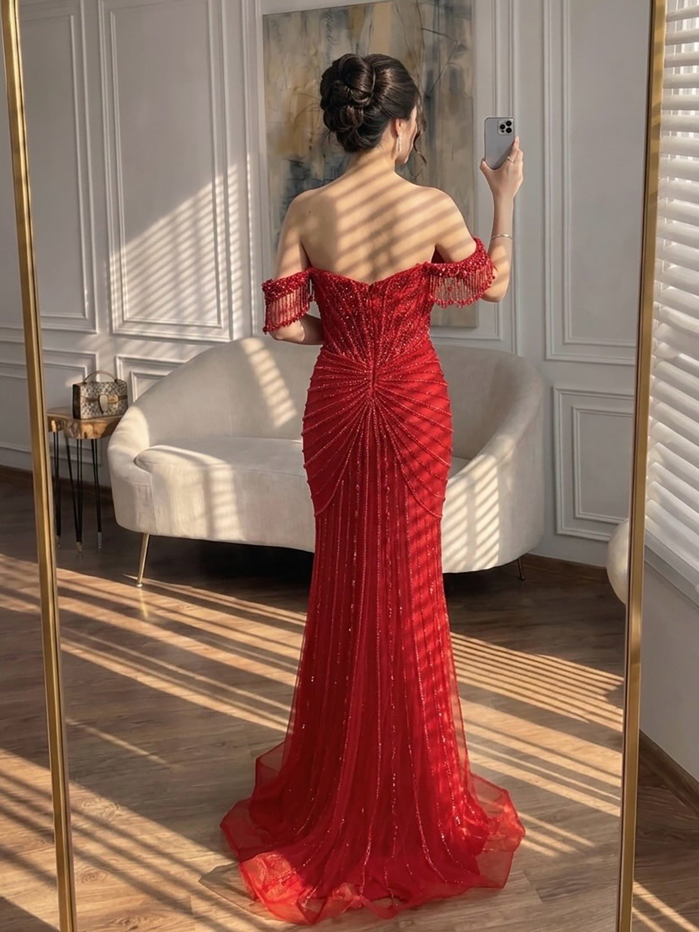 Luxury Nude Pearls Beaded Mermaid Evening Dress Off Shoulder LA73148A