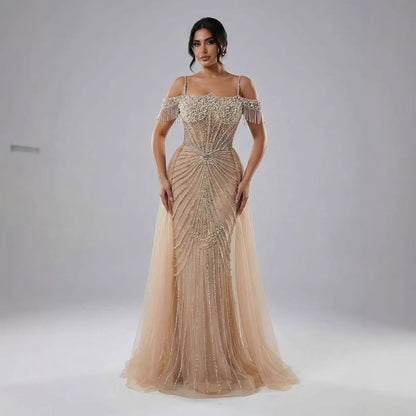 Luxury Nude Pearls Beaded Mermaid Evening Dress Off Shoulder With Skirt LA73148B