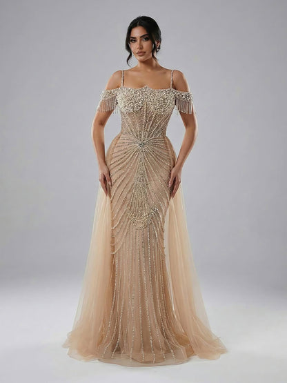Luxury Nude Pearls Beaded Mermaid Evening Dress Off Shoulder With Skirt LA73148B