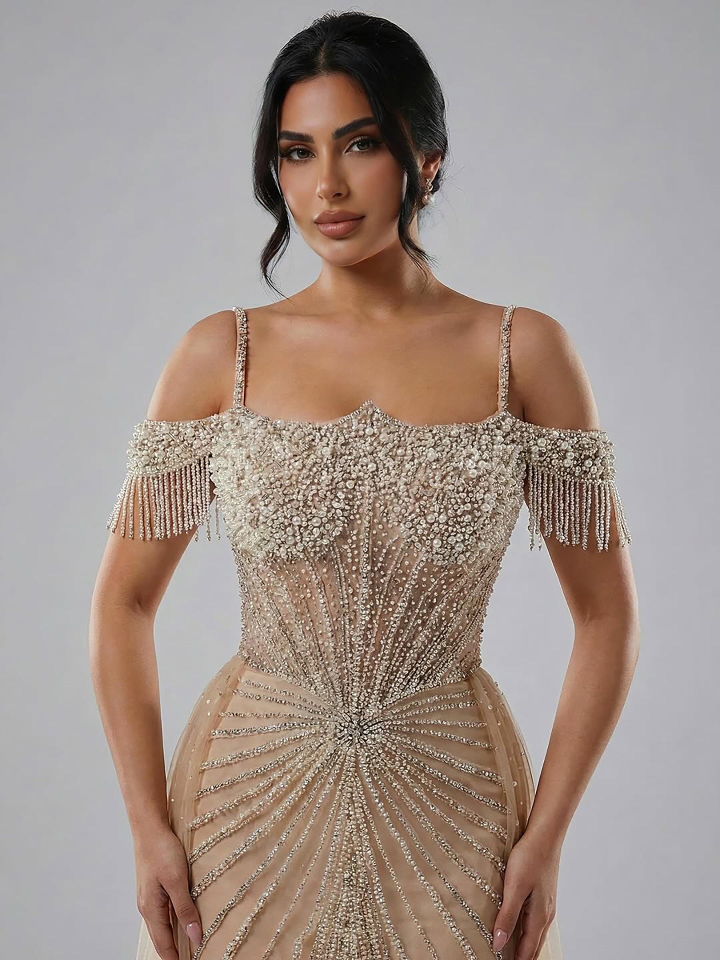 Luxury Nude Pearls Beaded Mermaid Evening Dress Off Shoulder With Skirt LA73148B