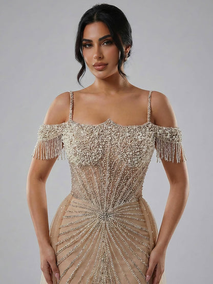 Luxury Nude Pearls Beaded Mermaid Evening Dress Off Shoulder With Skirt LA73148B