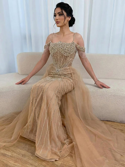 Luxury Nude Pearls Beaded Mermaid Evening Dress Off Shoulder With Skirt LA73148B