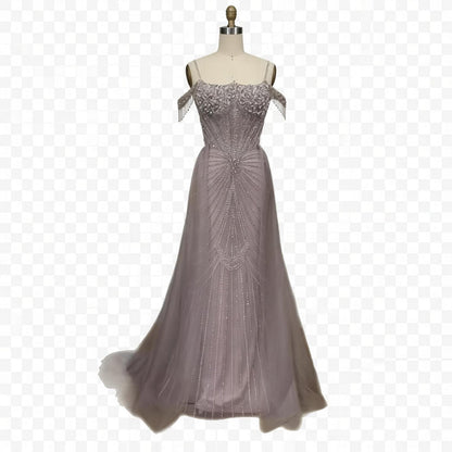 Luxury Nude Pearls Beaded Mermaid Evening Dress Off Shoulder With Skirt LA73148B