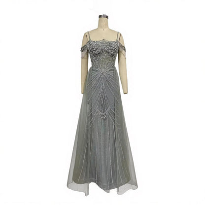 Luxury Nude Pearls Beaded Mermaid Evening Dress Off Shoulder With Skirt LA73148B