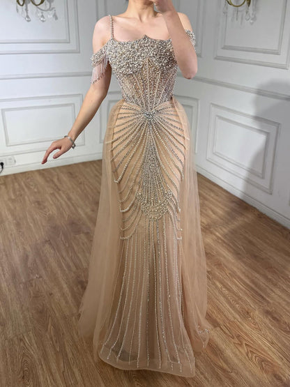 Luxury Nude Pearls Beaded Mermaid Evening Dress Off Shoulder With Skirt LA73148B