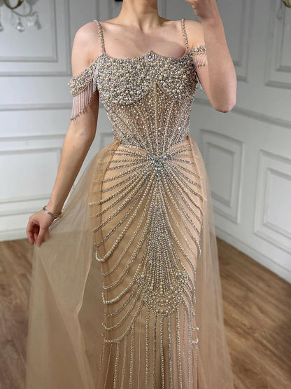 Luxury Nude Pearls Beaded Mermaid Evening Dress Off Shoulder With Skirt LA73148B