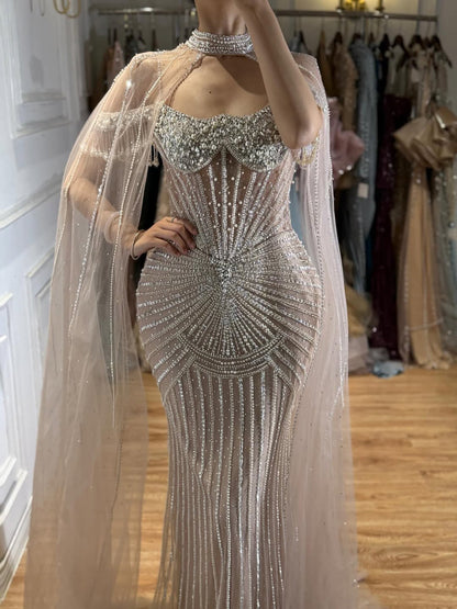 Luxury Nude Pearls Beaded Mermaid Evening Dress with Cape Sleeves LA73148C