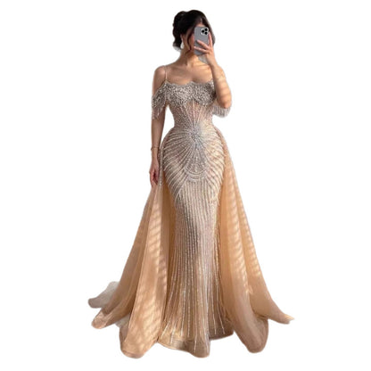 Luxury Nude Pearls Beaded Off Shoulder Mermaid Evening Dress LA73148D