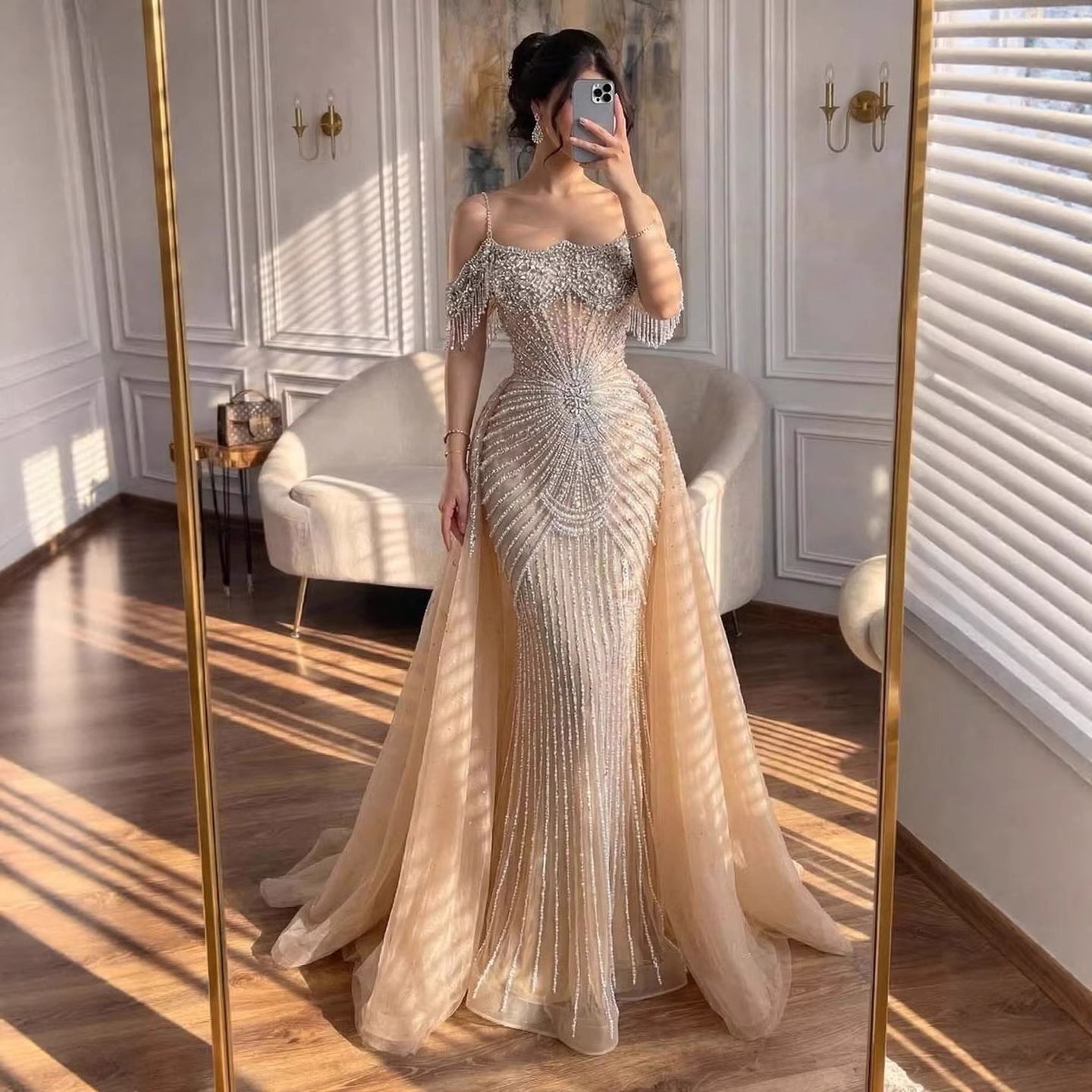 Luxury Nude Pearls Beaded Off Shoulder Mermaid Evening Dress LA73148D