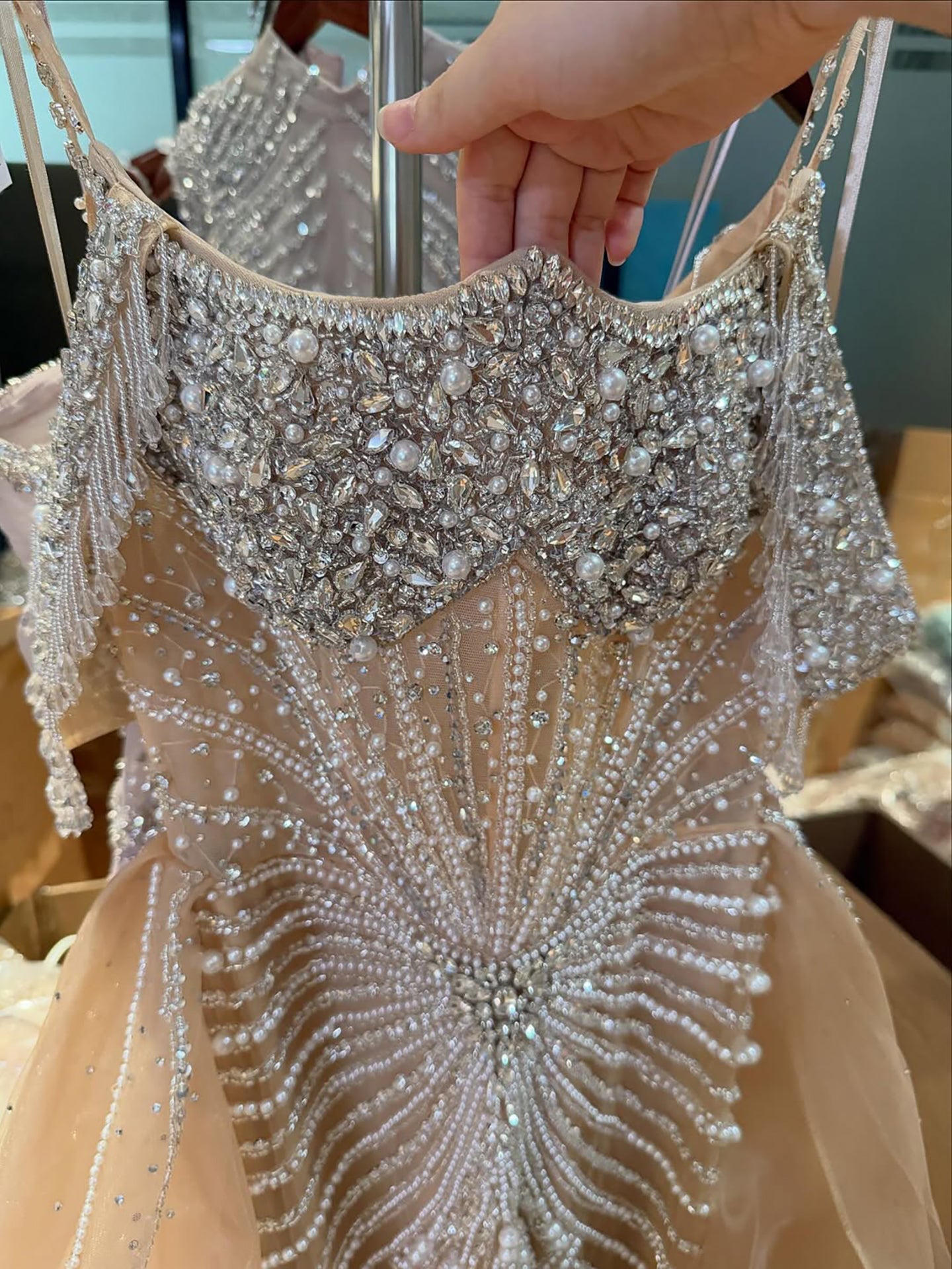 Luxury Nude Pearls Beaded Off Shoulder Mermaid Evening Dress LA73148D