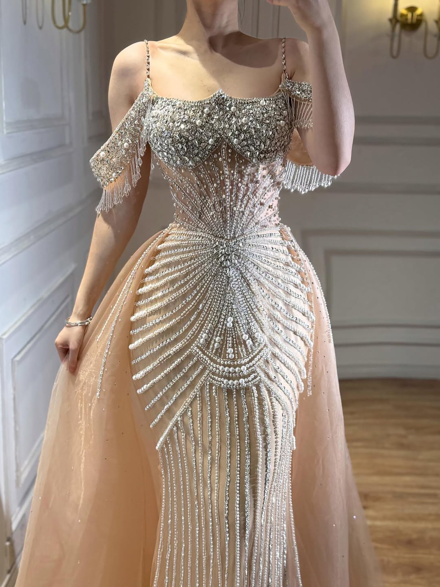Luxury Nude Pearls Beaded Off Shoulder Mermaid Evening Dress LA73148D
