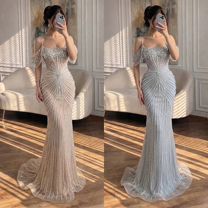 Luxury Nude Crystal Beaded Off Shoulder Mermaid Dress LA73148E