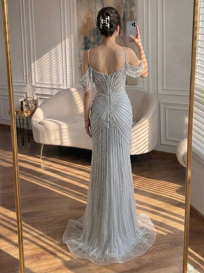 Luxury Nude Crystal Beaded Off Shoulder Mermaid Dress LA73148E