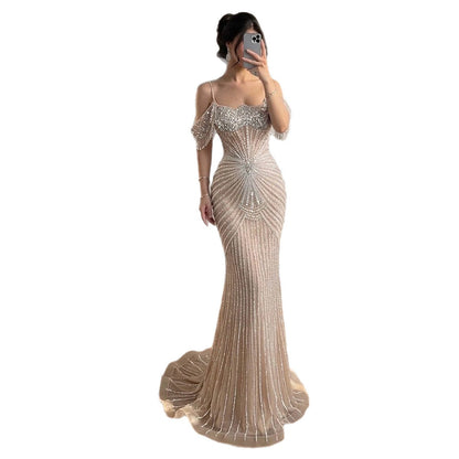 Luxury Nude Crystal Beaded Off Shoulder Mermaid Dress LA73148E